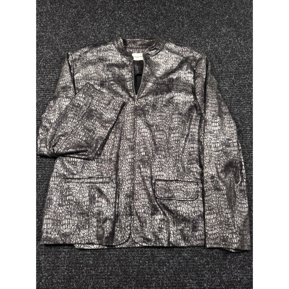 Alfred Dunner Womens 12 Metallic Silver Black Croc Embossed Zip Jacket Blazer